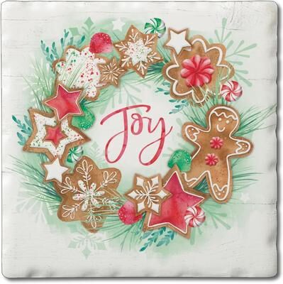 Thirstystone "Gingerbread Joy 4 Pack Tumbled Tile Stone Coaster with Protective Cork Backing Made in The USA 4"" Square, Artistic, Wipes Clean"
