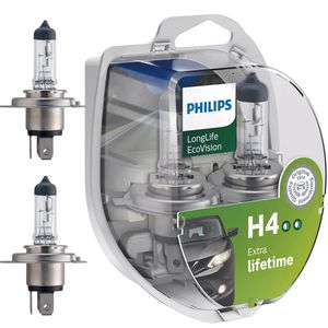 Philips Auto-Lampe LongLife EcoVision, 3100 Kelvin, H4, 12 V / 60 Watt, Scheinwerferlampe, Halogen, 2 Stück