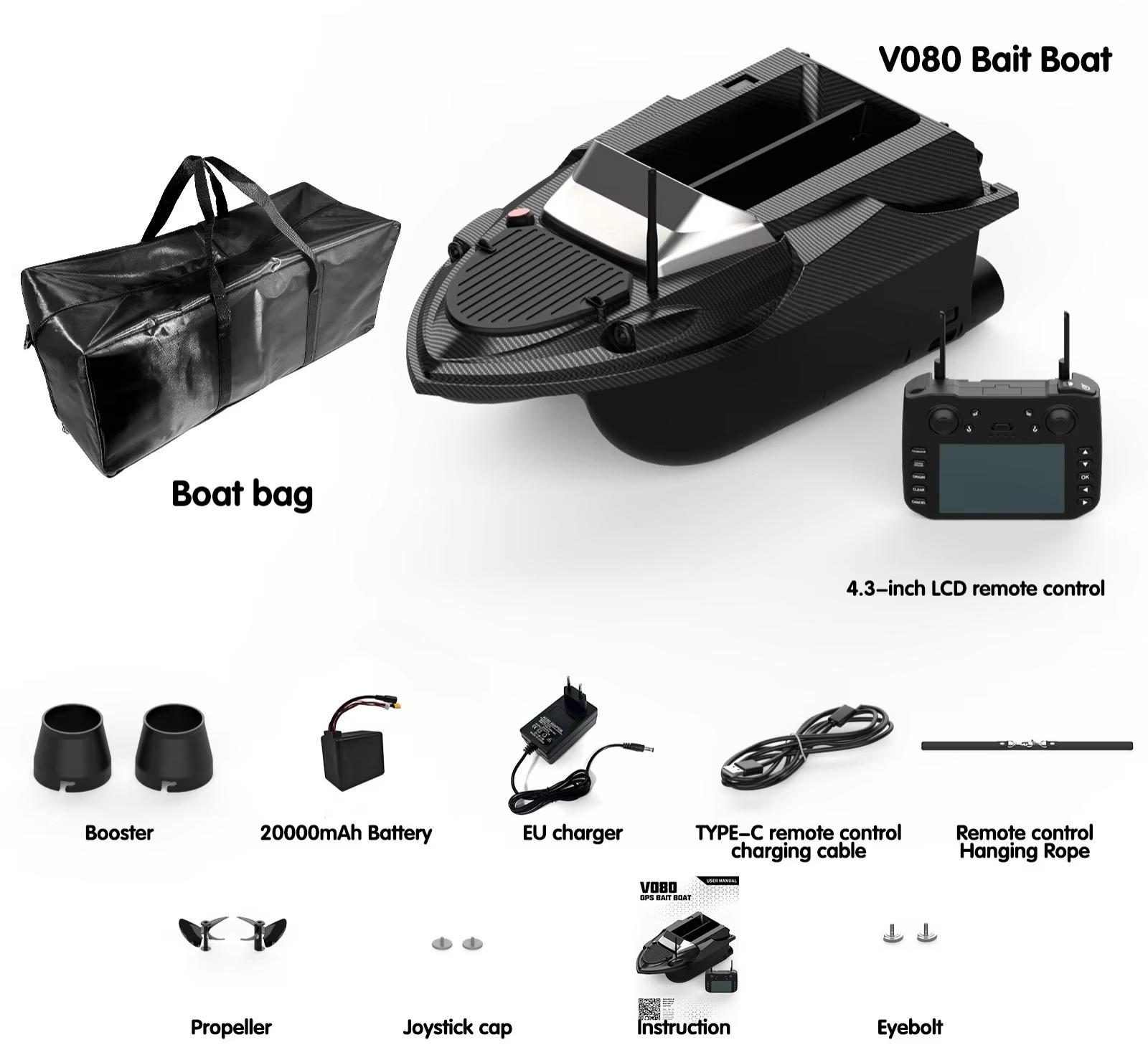 Futterboot mit Fernbedienung - V080 GPS - 20000 mAh - 12 V - Zwei 550-Motoren - Automatische Rückkehr - 800 m Reichweite - Wasserkühlung