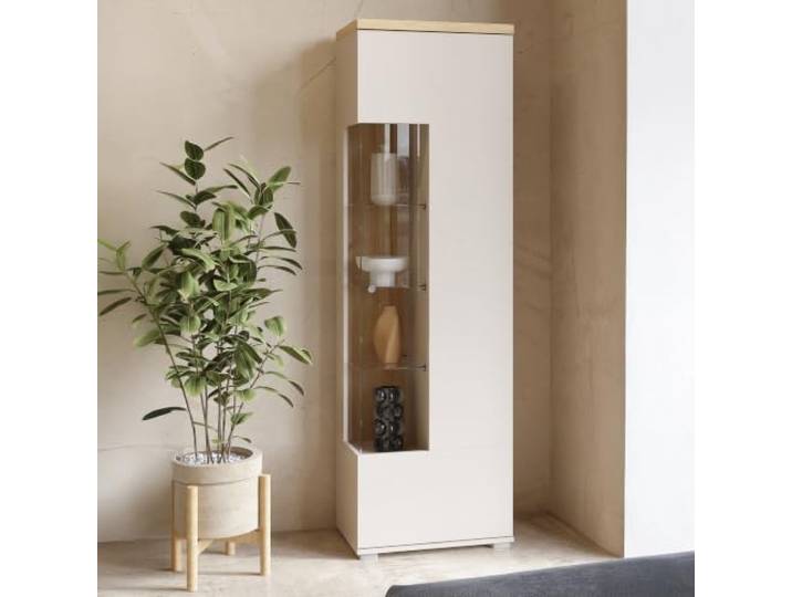 Lomadox Wohnzimmer Standvitrine Vitrine 55 cm breit in Kaschmirbeige mit Eiche Glasausschnitt Esszimmer Wohnmöbel