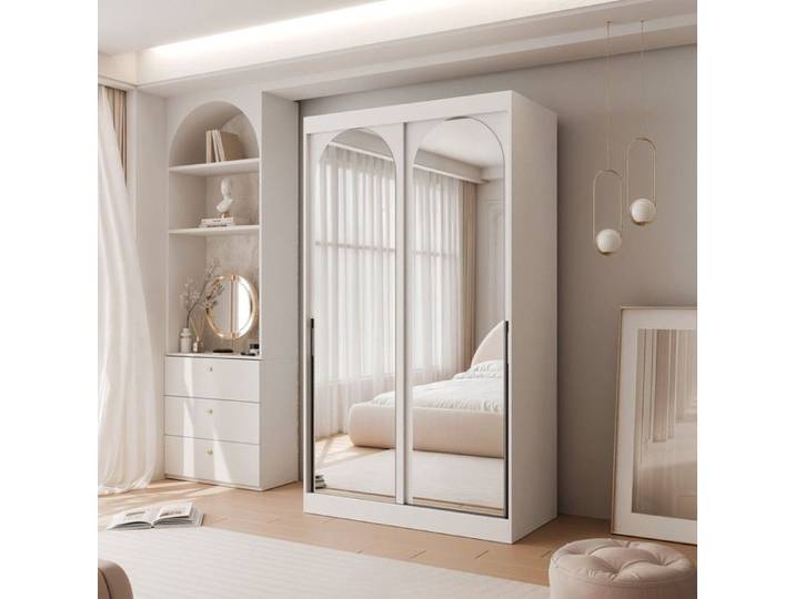 Armoire CLARITY - 7 compartiments - avec miroir - 120x65x215 cm - Poignées blanches / noires
