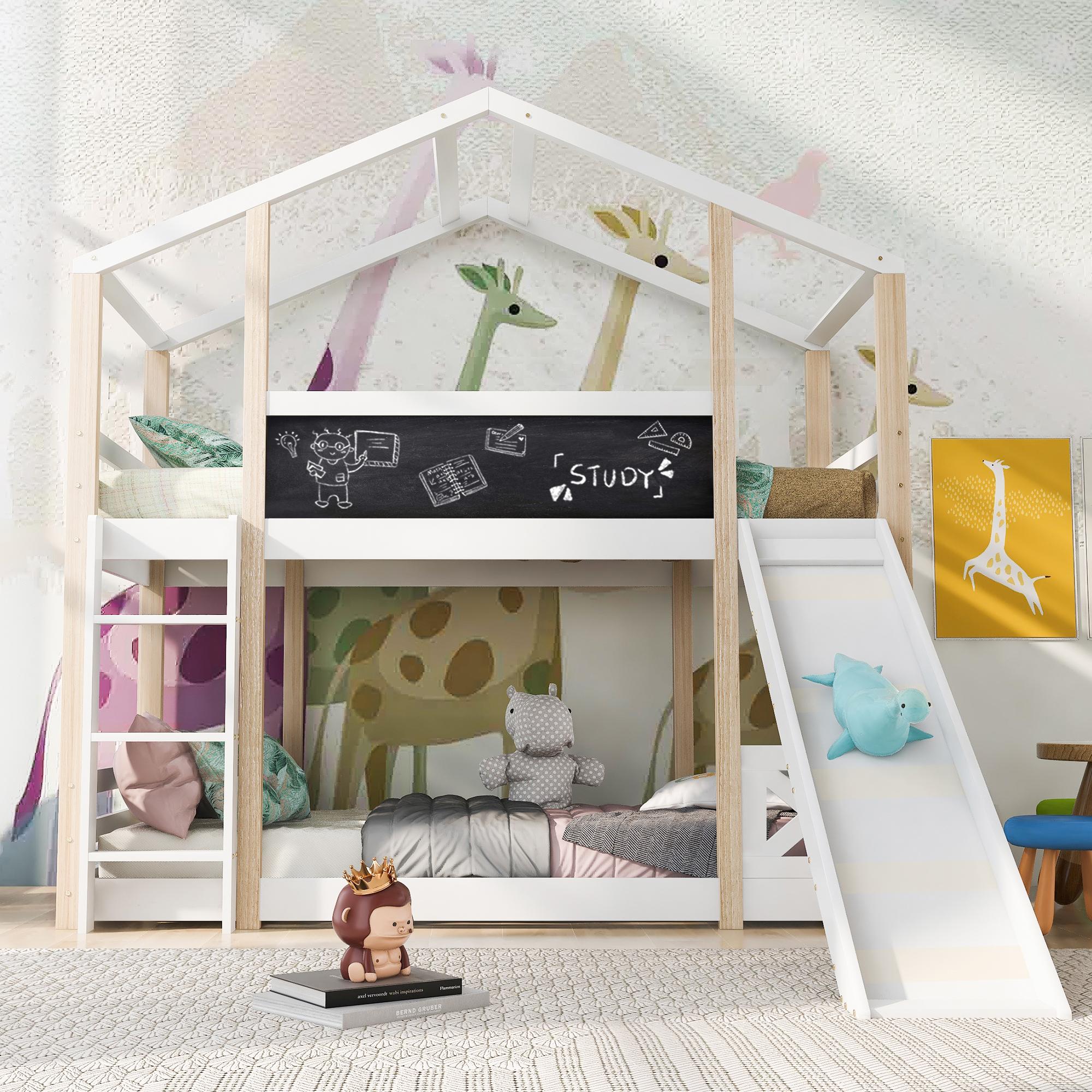 Sweiko Kinderbett Baumhaus mit Rutsche & Leiter 90 x 200 cm, Hochbett für Kinder- 2x Lattenrost- Natur & Weiß