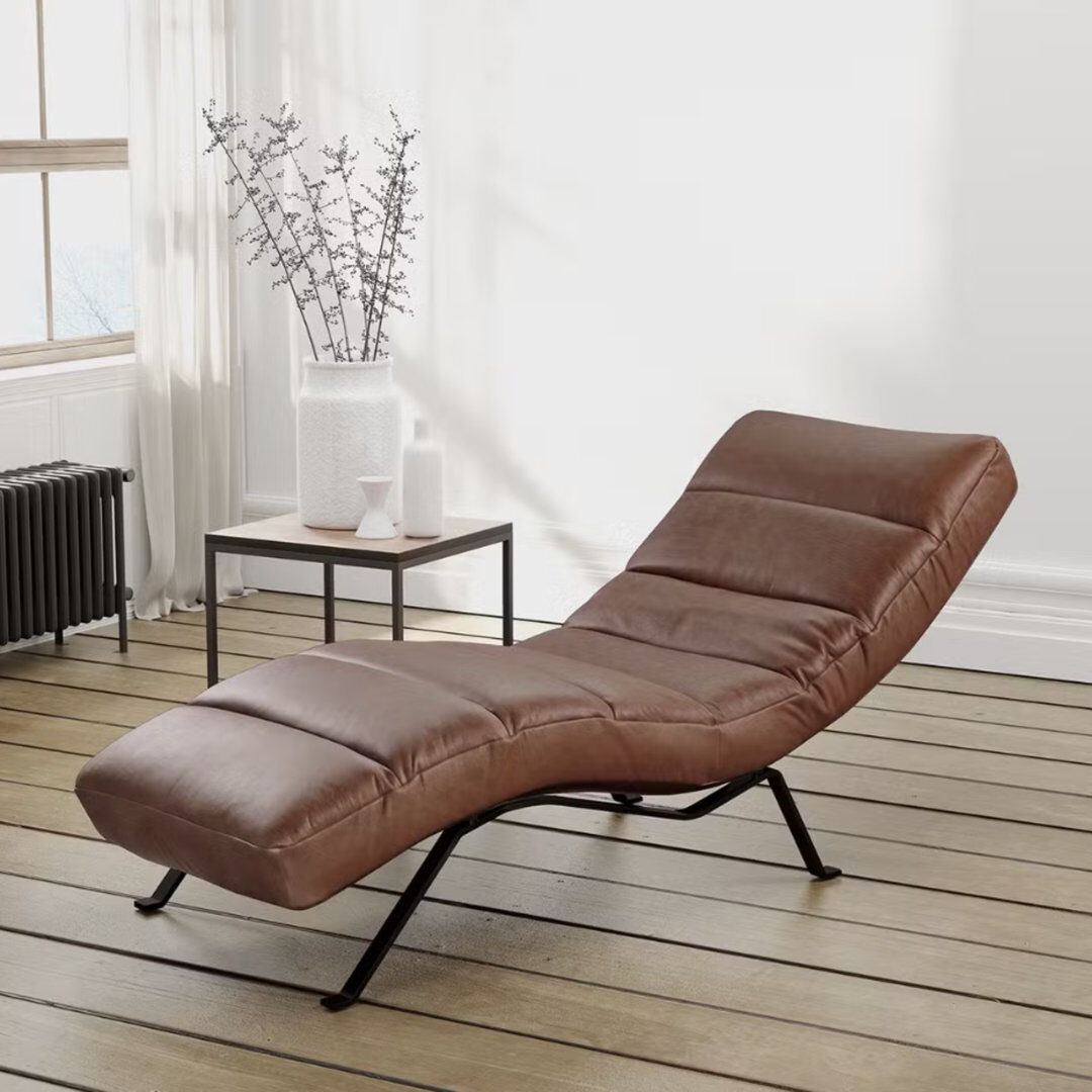 Ebern Designs Texas Chaise Lounge in Aniline-Leather with Adjustable Backrest Black/Brown 95cm H X 65cm W X 171cm L