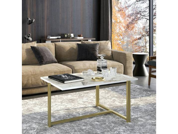 Table basse rectangulaire effet marbre pied en T doré MARFA