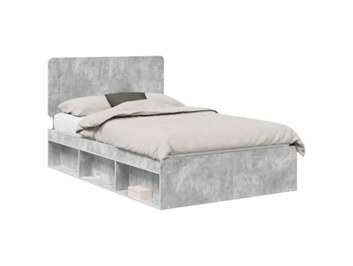 HMDNGOUT Bettrahmen mit Kopfteil Beton Optik 120 x 190 cm, Massives Kiefernholz Kopfteil, Stabiler Holzwerkstoffrahmen, Feststehender Lattenrost, Modernes Design