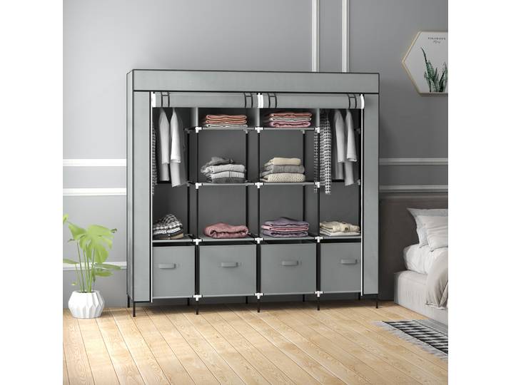 HOMCOM Armoire Tissu 2 Tringles 10 Compartiments Gris