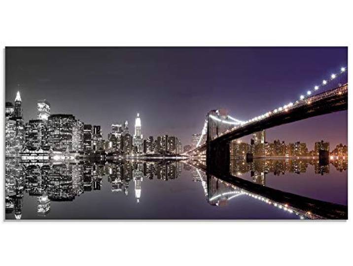 ARTland Wanddeko Glasbilder Wandbild Glas Bild einteilig 100x50 cm Querformat USA New York Skyline Nacht Städte Amerika Hudson River Reflektion S6FD