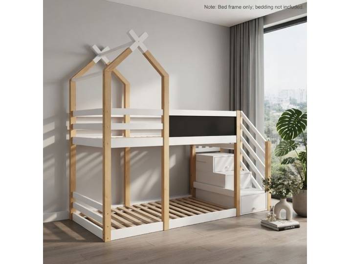 CollaHausse Lit Cabane Enfant 90x200cm Avec Ardoise Filet Sécurité Naturel & Blanc