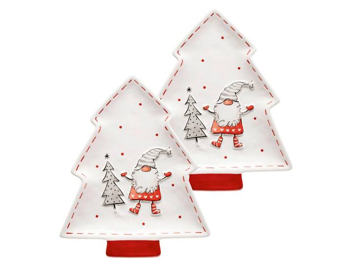 Mäser Servierplatten-Set Weihnachtswichtel, Grau, Rot, Weiß, Keramik, 2-teilig, Weihnachten, 26x2.5x22 cm, lebensmittelecht, Dekoration, Weihnachtsdekoration