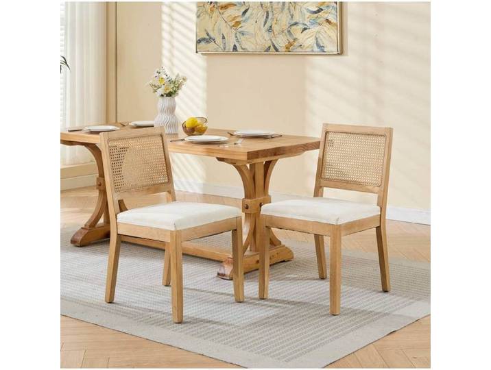Chaise de salle à manger lot de 2 avec dossier cannage - LPOSPI - cadre bois assise lin beige