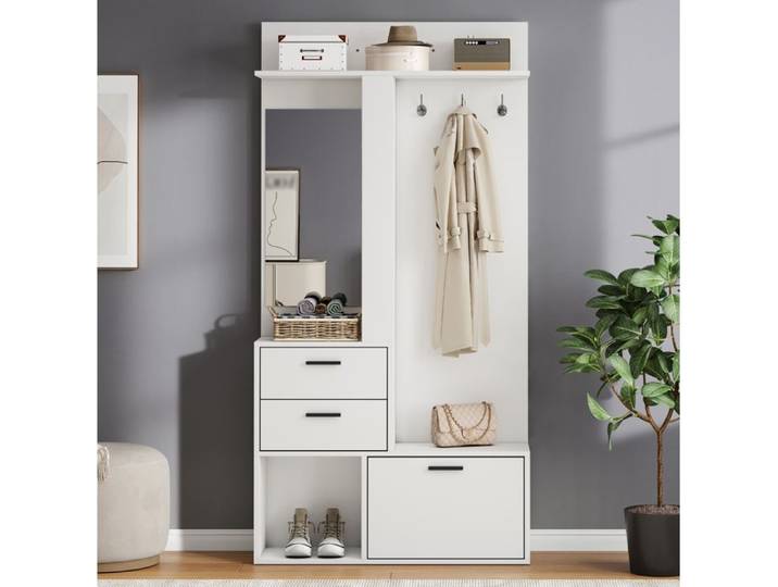 Garderobe blanche MDF 90 x 30 x 180 cm avec miroir 2 tiroirs 3 crochets range-chaussures rabattable