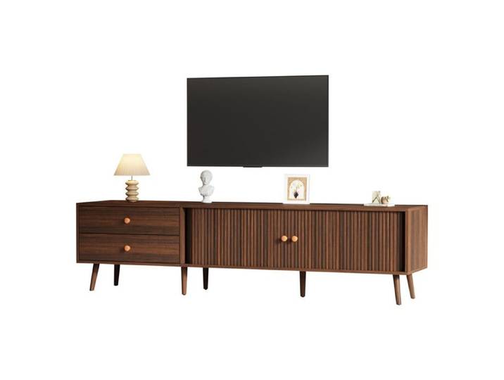 Meuble TV noyer 180x40x46 5cm avec 2 tiroirs+2 portes roulantes et 7 pieds.pour aux téléviseurs Jusqu'à 80 pouces.Salon Meuble TV