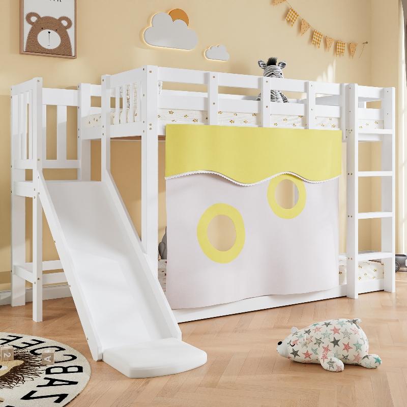 Etagenbett 90x200 mit Rutsche, Kinderetagenbett mit Treppe und Fallschutz, Weiß, Kiefer, MDF, mit Bettvorhang