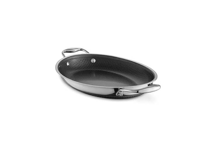 HexClad Hybrid-Bräter oval 22,9 x 32,8 cm – antihaftbeschichtet Edelstahl, spülmaschinenfest, ofenfest, für Induktion & Backofen, ideal als Enten- & Gänsebräter