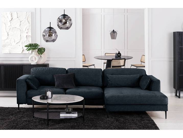 Ecksofa mit Longchair Blau Microfaser Cori 275 x 70 x 168cm Longchair davorstehend rechts mit Schlaffunktion Skandi