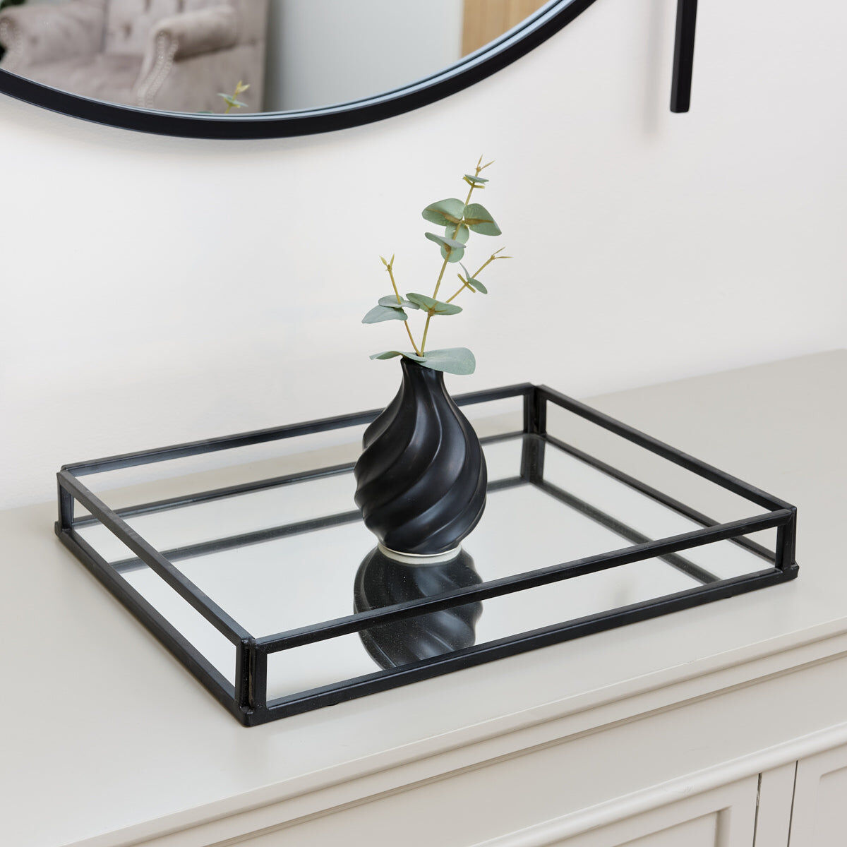 Large Black Mirrored Cocktail Tray Metal, Glass