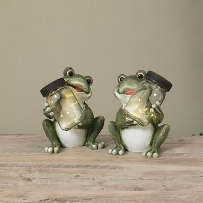 Gerson International 8.6 Inch Outdoor Solar Lighted Resin Frog with Glass Jar Set of 2