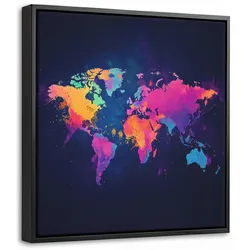 LEINWAND Bilder mit Rahmen - Weltkarte - Bunt - Graffiti - 20x20