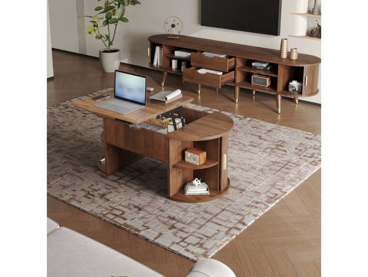 AESVAR ensemble salon 2 pièces meuble TV et table basse relevable style Mid-Century MDF noyer