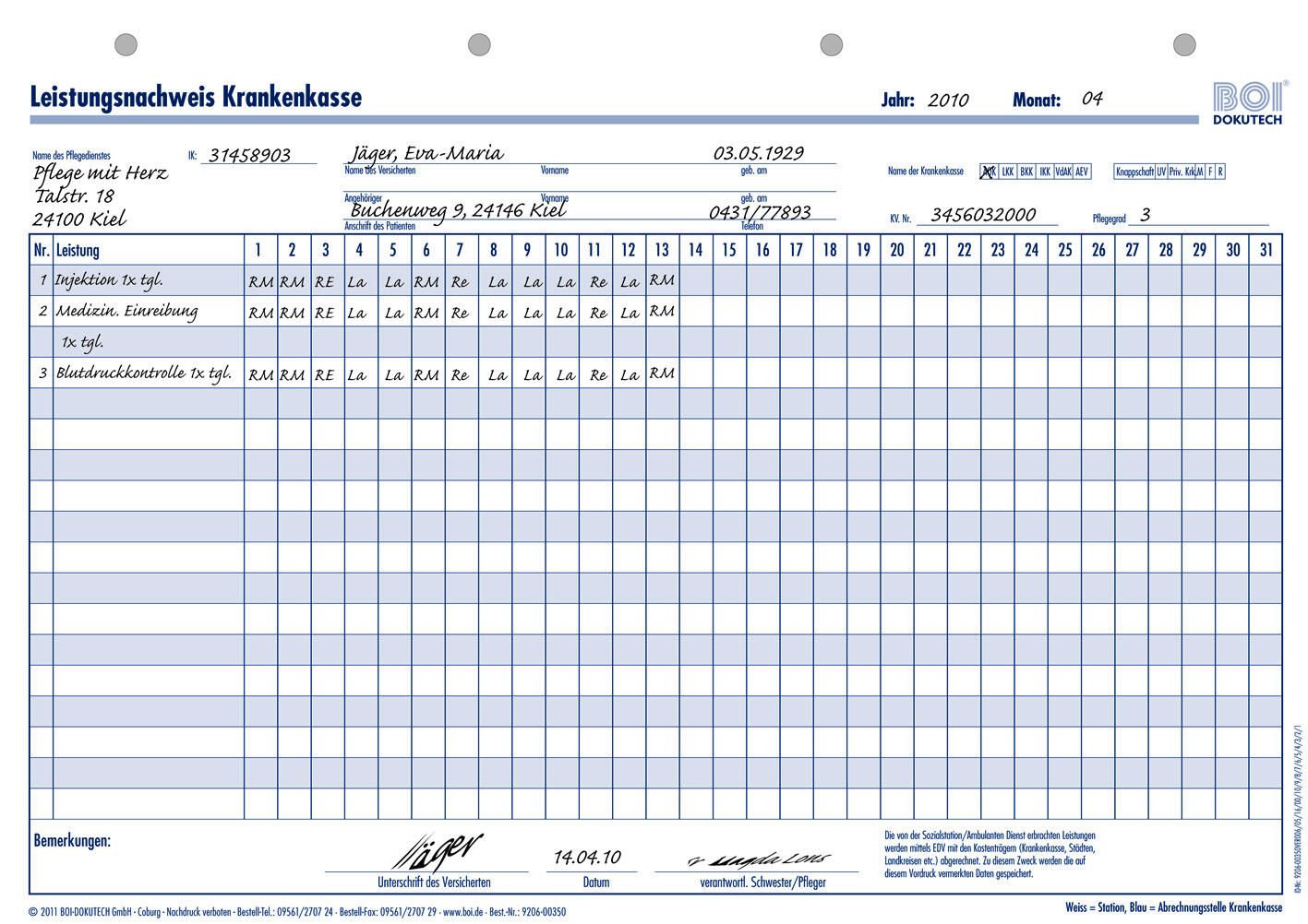 BOI Formular Leistungsnachweis Krankenkasse 9206-00350