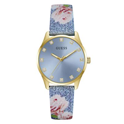 Quarzuhr GUESS "MARIGOLD", blau (bunt, goldfarben), Armbanduhren, Damen, Quarzuhr, Armbanduhr, Damenuhr, Silikonarmband, analog