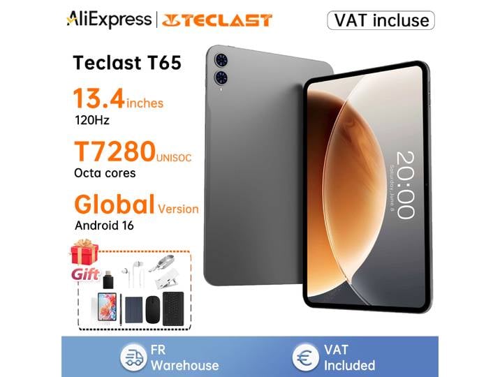 Tablette Teclast Android 16 T65 13,4 26 Go de RAM (6 Go + 20 Go) 128 Go de ROM 120 Hz 1920x120 IPS T7280 8 cœurs 4G LTE 8000 mAh Type-C GPS 13 MP