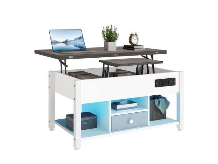Table Basse YITAHOME Réglable en Hauteur 4-en-1 – Multifonction – Rangement – LED – Table à Manger – Salon – Blanc et Gris