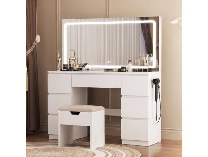 TRIUMPHKEY Schminktisch Groß mit Spiegel und LED Beleuchtung 115cm,Farbtemperatur Einstellbar, 7 Schubladen Schminktisch mit Steckdose Dressing Table mit Hocker,115x40x139cm,Weiß