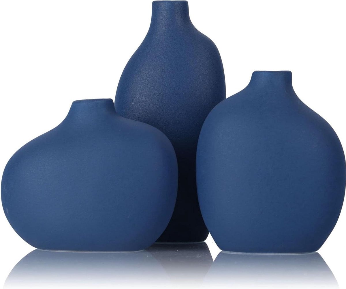 Set van 3 kleine marineblauwe vazen voor woondecoratie en bloemen