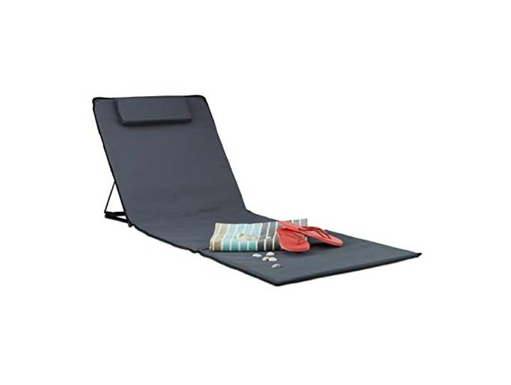 Relaxdays Strandmatte XXL, BxT: 60 x 195 cm, gepolsterte Sonnenliege mit Kopfkissen, verstellbar, Tragetasche, anthrazit