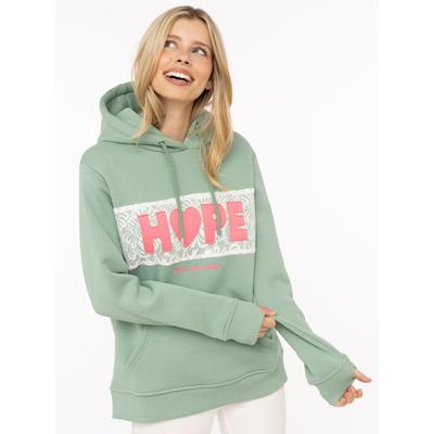 Hoodie ZWILLINGSHERZ "HOPE Spitze", Damen, Gr. M, grün (iceberg grün), Sweatware, Obermaterial: 50% Baumwolle, 50% Polyester, Sweatshirts Hoodie, Kapuze mit Kordel, Motiv mit Spitze, elastische Bündchen