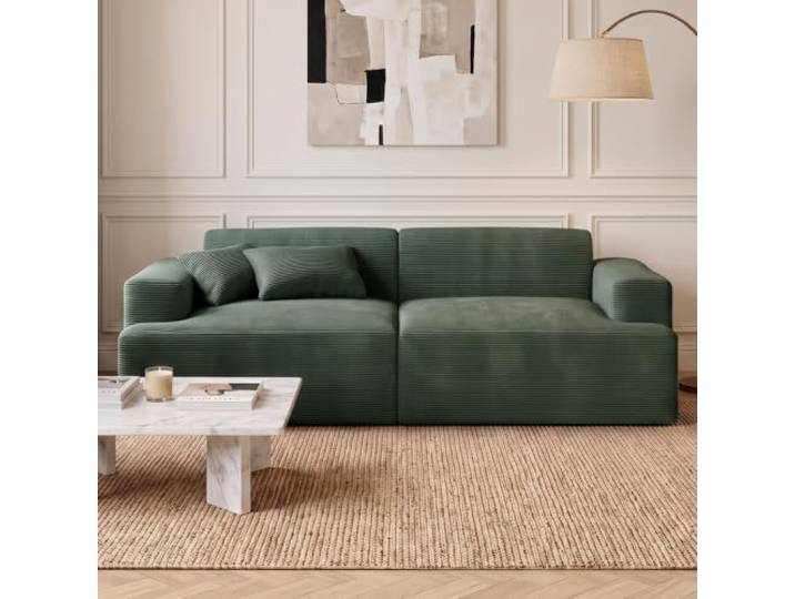 skølm Freki Cloud Couch aus Cord, 2-Sitzer Dunkelgrün, 2 Kissen, Sofa Sofagarnitur, Vollschaumcouch mit Federkern & Vakuum-Kompression, 230 cm breit, kein Aufbau erforderlich, Wohnzimmersofa