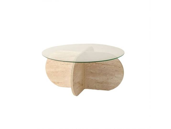 Toilinux - Table basse ronde en verre et effet travertin - Beige