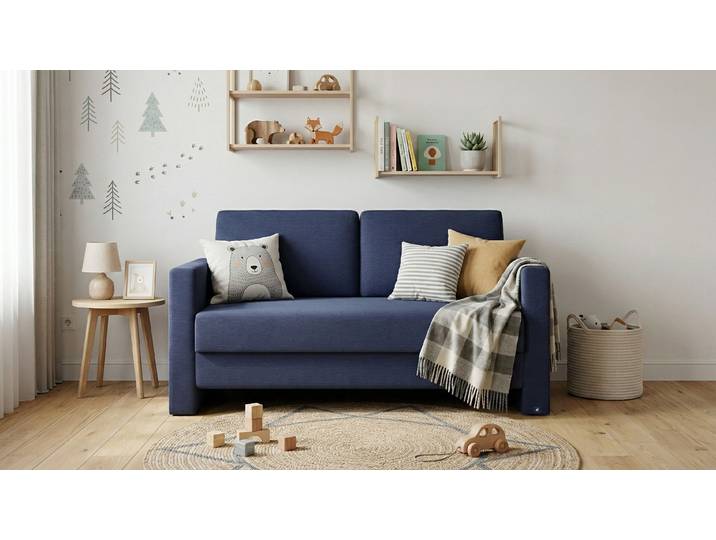 BRUNO Schlafsofa 120cm in Blau Schmal stabiles Massivholz & Boxspringkomfort