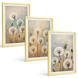 BILDER SET 3er Set - 40x60 cm Goldrahmen - Pastellfarbene Löwenzahnblüten