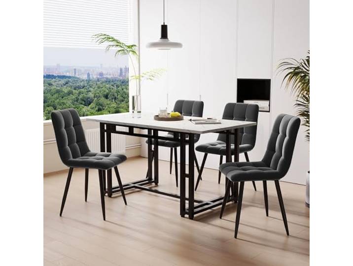 KUAKE 120x70cm Esstisch mit 4 Stühlen Set,Moderne Küche Esstisch Set, Schwarz Eisen Beintisch (Dunkelgrau Esszimmerstühl)