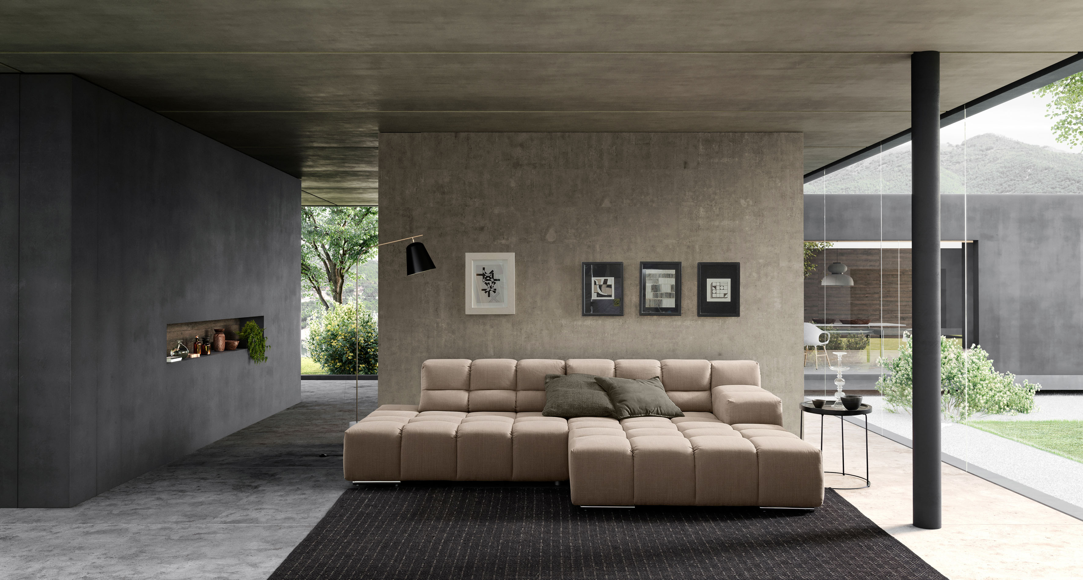 Ecksofa DESIGNWERK "Temple, Designsofa trifft hohen Sitzkomfort, L-Form", beige (liver), B:286cm T:169cm, 100% Polyester, Sofas, Ecksofa, mit Sitztiefenverstellung liver B/H/T: 286cm x 169cm, Flachgewebe, Recamiere rechts