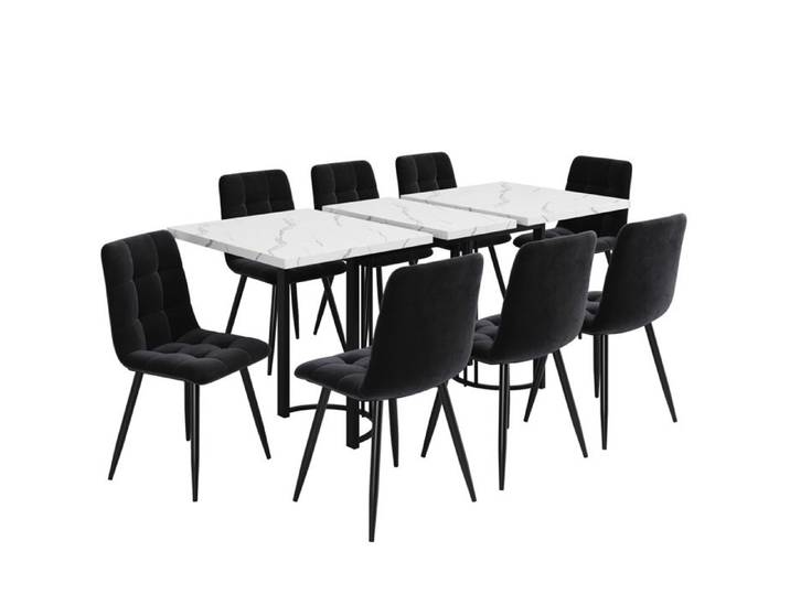 Ensemble table et chaises – table extensible 8 places 140-179 5 x 80 cm – 1 table + 8 chaises velours noir