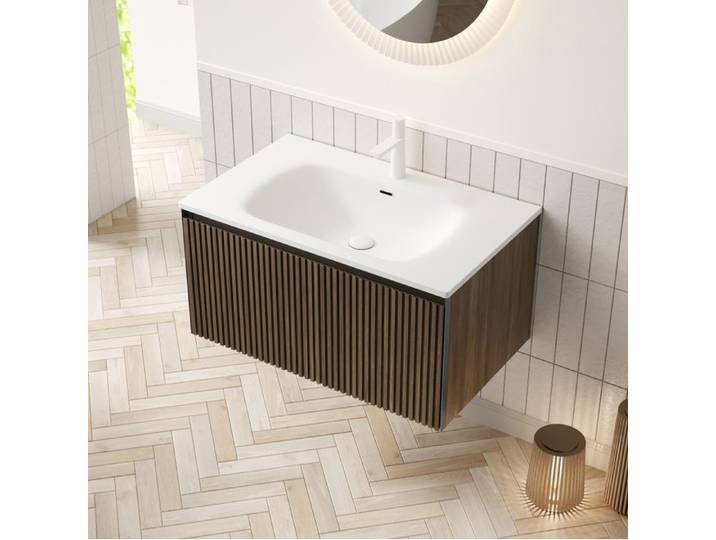 WUVRIE Meuble sous vasque mural 80 cm avec vasque intégrée blanche en céramique aspect chêne brun livré monté