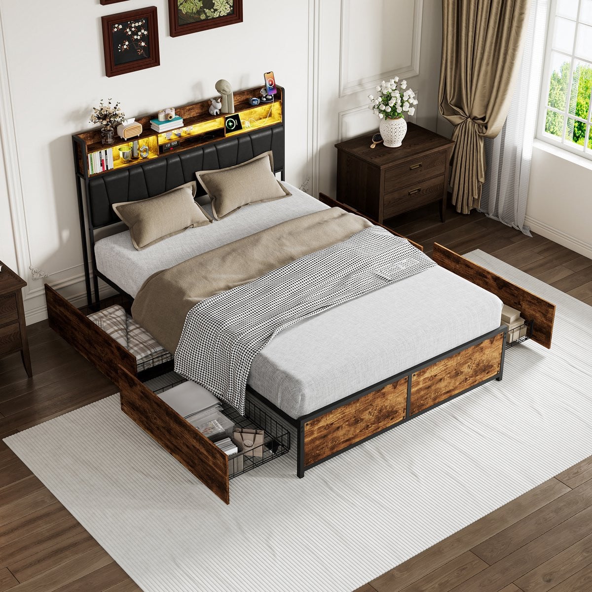 Tweepersoonsbed met opberg hoofdbord, RGB-verlichting, USB-oplaadpoort en lades, 140 x 200 cm