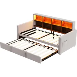 MODFU Schlafsofa Samt Hellgrau 90x190 cm, ausziehbar, mit Stauraum-Kopfteil, LED und Steckdosen