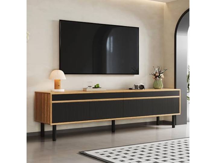 BTM TV Schrank 170 cm, TV Lowboard mit 3 Türen & Push-to-Open Moderner TV Unterschrank in Schwarz Holz Medienschrank mit Holzbeinen Streifendesign Stauraum Sideboard