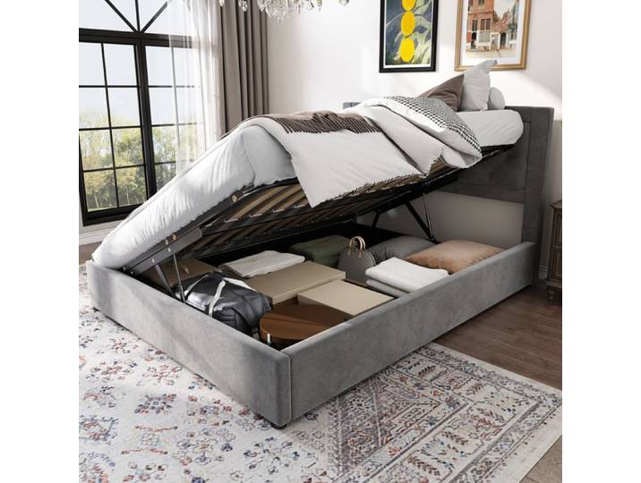 Lit coffre capitonné - Chesterfield - 140x200 cm - Gris - Cadre en acier