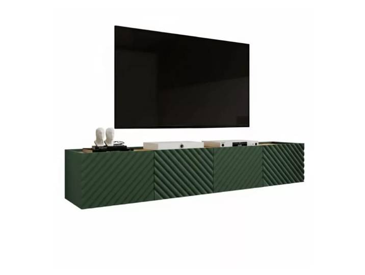 Meuble tv suspendu vert et bois 200cm 4 portes