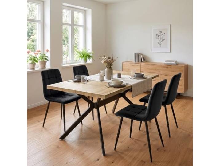 LEWE esstisch Holz mit 4 Schwarz Holländischer Samt stühlen Set Helle Rechteckig Tischplatte 140 x 80 cm, Stuhl-und Tischbeine aus Metall, ergonomisch, geeignet für Küche Wohnzimmer