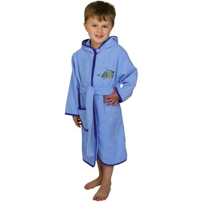 Kinderbademantel WÖRNER "Traktor hellblau" Gr. 74, blau (hellblau), L:55cm, Baumwolle, Hausmäntel, mit Stickerei, mit Tasche, maschinenwaschbar, trocknergeeignet