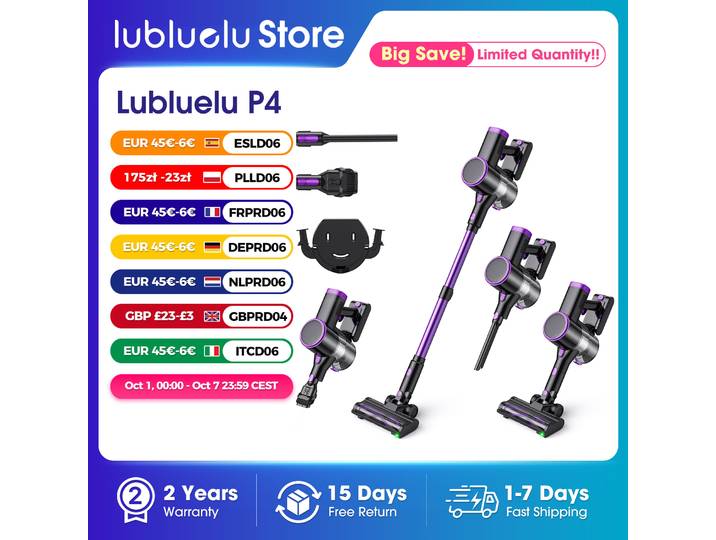 Aspirateur sans fil Lubluelu P4, aspiration 30Kpa, autonomie 40 min, autoportant, LED verte, pour sols durs, tapis et poils d'animaux