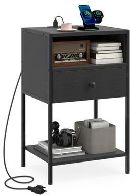 Costway Nightstand with Charging Station Bedside Table with USB Ports and Outlets-Black
