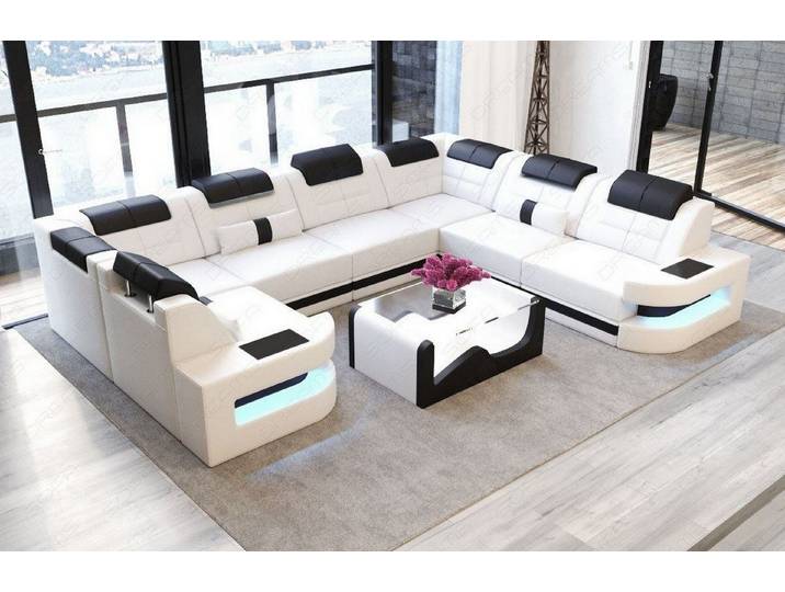 Sofa Dreams Wohnlandschaft Como U Form Leder, Couch, Couch, LED-Beleuchtung, Breite 338cm, Zierkissen, USB
