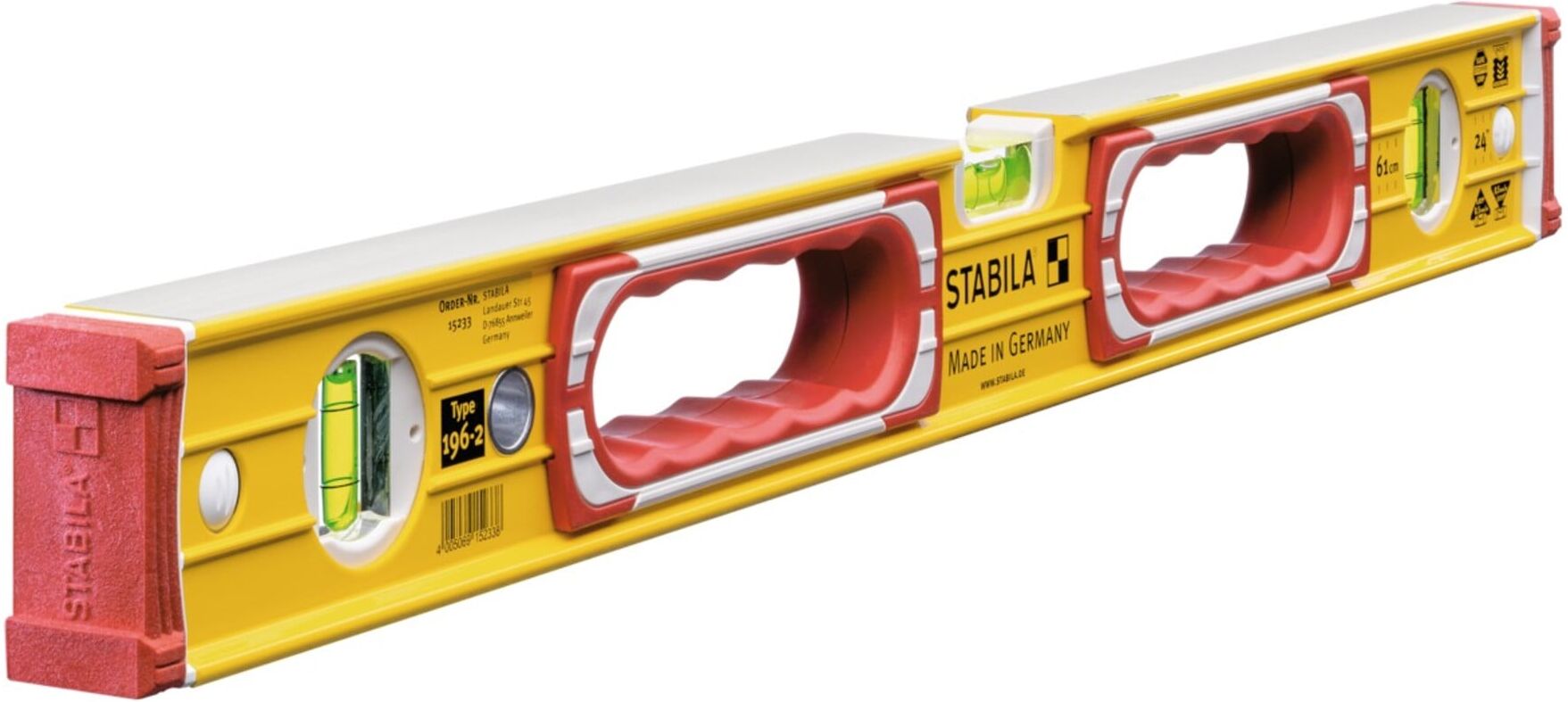 STABILA Wasserwaage Type 196-2 aus Aluminium mit drei Libellen und stoßdämpfenden Endkappen, Länge: 183 cm, Messgenauigkeit: ± 0,5 mm/m (15237)